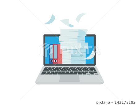 laptop screen displaying stack of paper documents and office binders 142178182