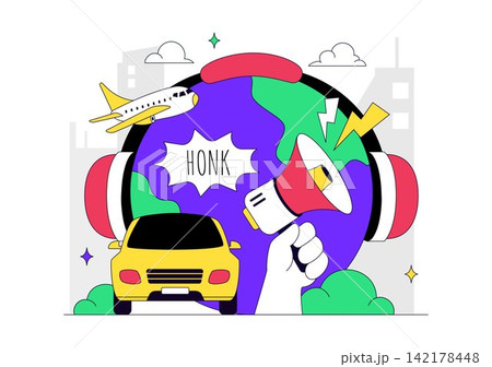 Noise Pollution Vector Illustration With Traffic, Construction, Aircraft, Loudspeakers and Distressed People In Urban Environment Concept Noise Pollution Vector Illustration With Traffic, Construction, Aircraft, Loudspeakers and Distressed People In Urban Environment Concept 142178448