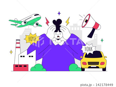 Noise Pollution Vector Illustration With Traffic, Construction, Aircraft, Loudspeakers and Distressed People In Urban Environment Concept Noise Pollution Vector Illustration With Traffic, Construction, Aircraft, Loudspeakers and Distressed People In Urban Environment Concept 142178449