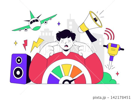 Noise Pollution Vector Illustration With Traffic, Construction, Aircraft, Loudspeakers and Distressed People In Urban Environment Concept Noise Pollution Vector Illustration With Traffic, Construction, Aircraft, Loudspeakers and Distressed People In Urban Environment Concept 142178451