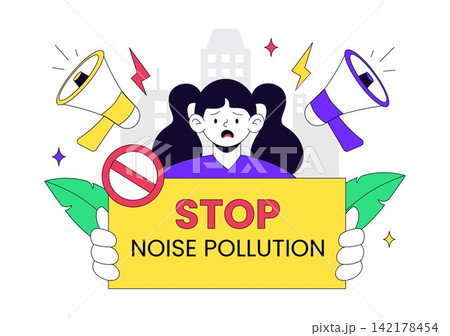 Noise Pollution Vector Illustration With Traffic, Construction, Aircraft, Loudspeakers and Distressed People In Urban Environment Concept 142178454