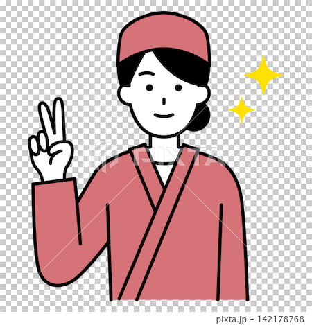 A female employee at a Japanese restaurant makes a peace sign. A female employee at a Japanese restaurant makes a peace sign. 142178768