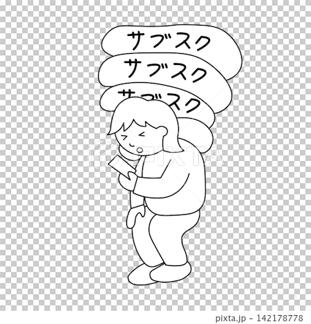 一幅黑白線條畫,描繪了一位被訂閱費用困擾、不停低頭看手機的女性。 一幅黑白線條畫,描繪了一位被訂閱費用困擾、不停低頭看手機的女性。 142178778
