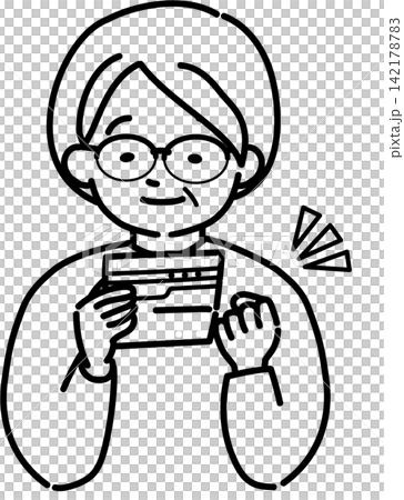 一位老婦人正在查看她的存摺(線條畫) 一位老婦人正在查看她的存摺(線條畫) 142178783