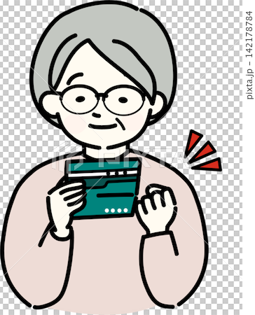 Elderly woman looking at passbook Elderly woman looking at passbook 142178784