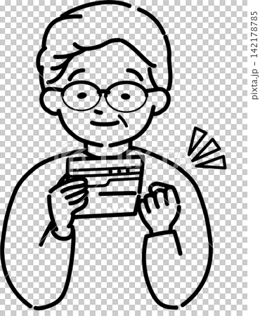 An elderly man looking at his bankbook (line drawing) An elderly man looking at his bankbook (line drawing) 142178785