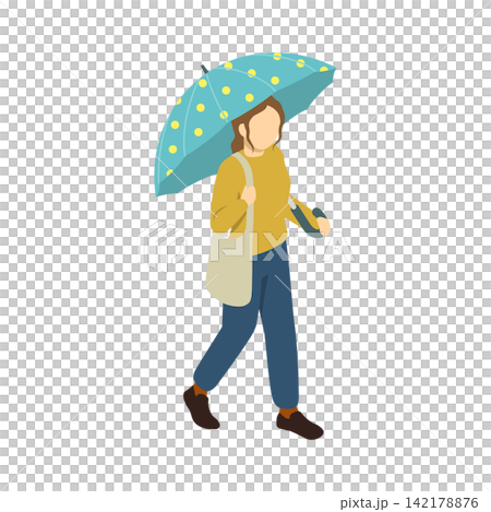 Isometric illustration: Woman walking with an umbrella (front view) Isometric illustration: Woman walking with an umbrella (front view) 142178876