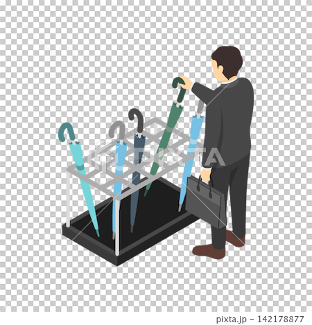 Isometric illustration: A man in a suit placing an umbrella in an umbrella stand. Isometric illustration: A man in a suit placing an umbrella in an umbrella stand. 142178877