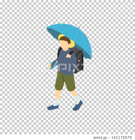 Isometric illustration: A boy with a schoolbag on his back walking with an umbrella. Isometric illustration: A boy with a schoolbag on his back walking with an umbrella. 142178879