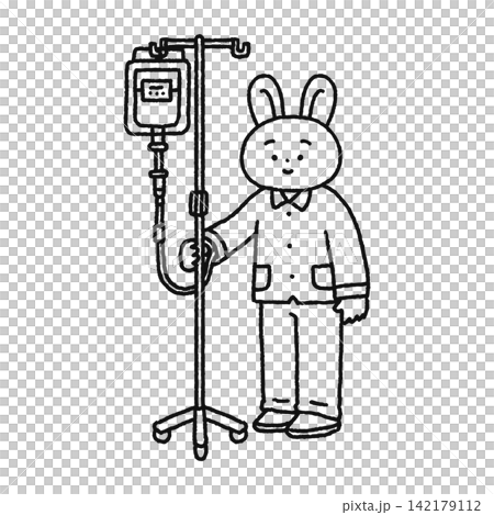 点滴をしているウサギ　線画 142179112