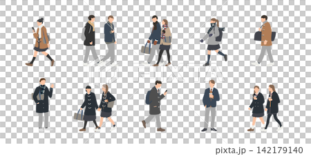 一組高中男生女生身穿冬季制服上學的插畫。 一組高中男生女生身穿冬季制服上學的插畫。 142179140