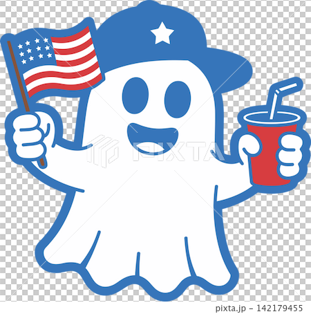 Cute Patriotic Ghost Holding American Flag and Drink Fourth of July Cartoon Illustration Cute Patriotic Ghost Holding American Flag and Drink Fourth of July Cartoon Illustration 142179455