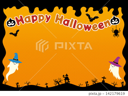 ハロウィンイベント用チラシ背景フレーム ジャックオーランタンとコウモリのポップなフレーム 142179619