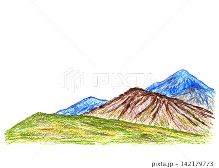 The mountain landscape painted with colored pencils. Blue brown green hills on a white background. Hand drawn illustration with empty place for text, for tourism, travel, postcards. The mountain landscape painted with colored pencils. Blue brown green hills on a white background. Hand drawn illustration with empty place for text, for tourism, travel, postcards. 142179773