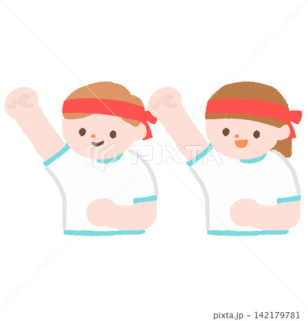 運動会で赤組を応援する男の子と女の子のイラスト 142179781