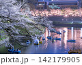 夜桜ライトアップと千鳥ヶ淵のお濠に浮かぶボートの幻想的な風景 142179905