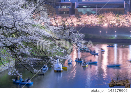夜桜ライトアップと千鳥ヶ淵のお濠に浮かぶボートの幻想的な風景 142179905