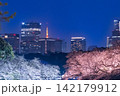 夜桜ライトアップと千鳥ヶ淵のお濠に浮かぶボートの幻想的な風景 142179912