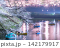 夜桜ライトアップと千鳥ヶ淵のお濠に浮かぶボートの幻想的な風景 142179917