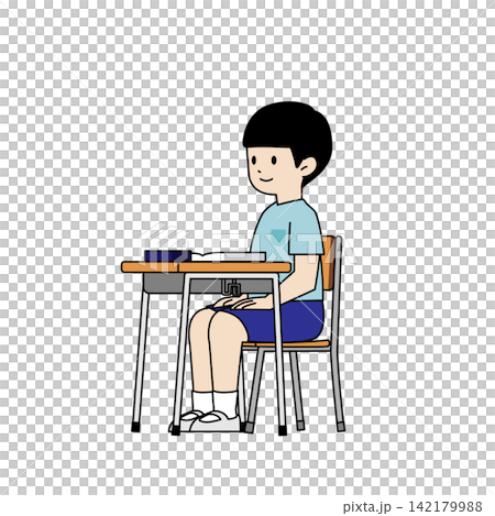 一名小學生雙手放在膝蓋上聽課。教室、課桌和椅子,極簡主義向量插圖。 一名小學生雙手放在膝蓋上聽課。教室、課桌和椅子,極簡主義向量插圖。 142179988