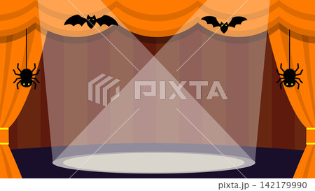 ハロウィン風ステージの背景イラスト 16:9横長・オレンジのカーテンとスポットライト ハロウィン風ステージの背景イラスト 16:9横長・オレンジのカーテンとスポットライト 142179990