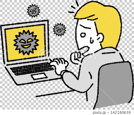 An illustration of a business person (male) whose computer is infected with a virus. An illustration of a business person (male) whose computer is infected with a virus. 142180639