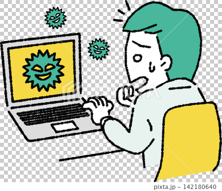 An illustration of a business person (male) whose computer is infected with a virus. An illustration of a business person (male) whose computer is infected with a virus. 142180640