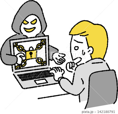 ランサムウェア(身代金要求型ウイルス)に感染したビジネスパーソン(男性)のイラスト ランサムウェア(身代金要求型ウイルス)に感染したビジネスパーソン(男性)のイラスト 142180791