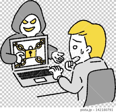 An illustration of a business person (male) infected with ransomware (a virus that demands a ransom). An illustration of a business person (male) infected with ransomware (a virus that demands a ransom). 142180791