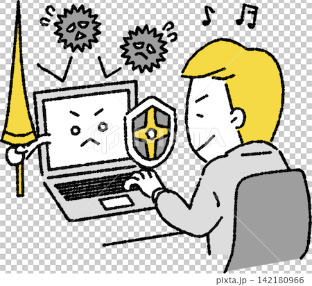 An illustration of a business person (male) who has taken information security measures and computer virus protection seriously. An illustration of a business person (male) who has taken information security measures and computer virus protection seriously. 142180966