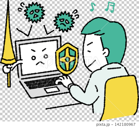 An illustration of a business person (male) who has taken information security measures and computer virus protection seriously. An illustration of a business person (male) who has taken information security measures and computer virus protection seriously. 142180967