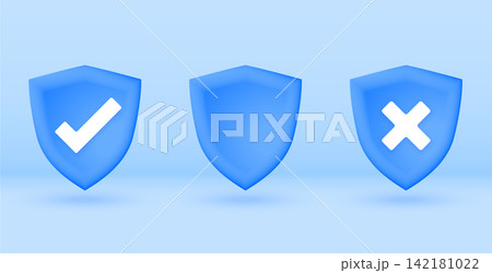 collection of three blue 3d shields element with checkmark and cross sign collection of three blue 3d shields element with checkmark and cross sign 142181022