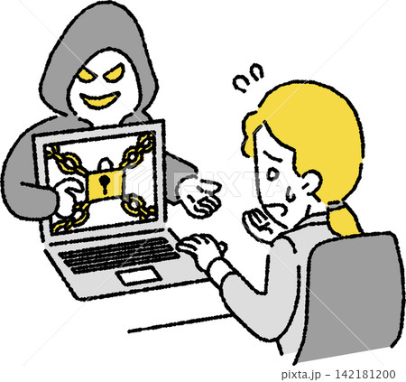 ランサムウェア(身代金要求型ウイルス)に感染したビジネスパーソン(女性)のイラスト ランサムウェア(身代金要求型ウイルス)に感染したビジネスパーソン(女性)のイラスト 142181200