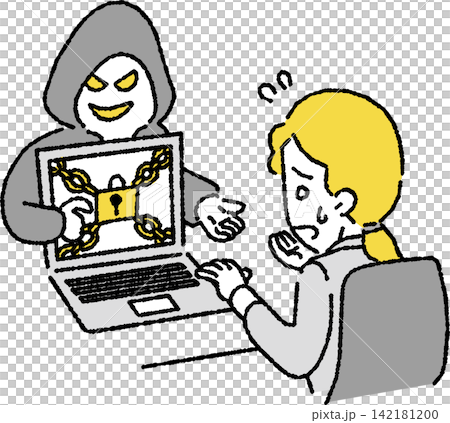 ランサムウェア(身代金要求型ウイルス)に感染したビジネスパーソン(女性)のイラスト ランサムウェア(身代金要求型ウイルス)に感染したビジネスパーソン(女性)のイラスト 142181200