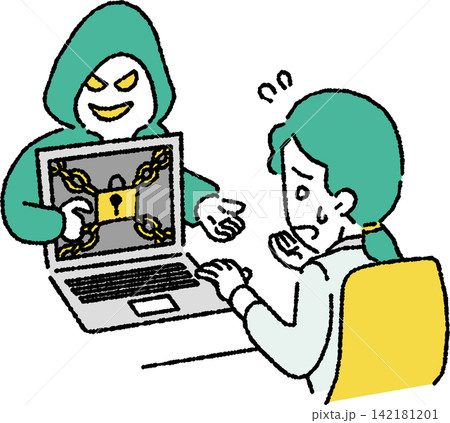ランサムウェア(身代金要求型ウイルス)に感染したビジネスパーソン(女性)のイラスト ランサムウェア(身代金要求型ウイルス)に感染したビジネスパーソン(女性)のイラスト 142181201