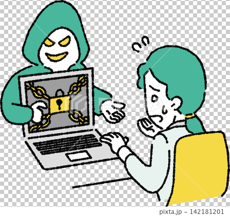 An illustration of a business person (female) infected with ransomware (a virus that demands a ransom). An illustration of a business person (female) infected with ransomware (a virus that demands a ransom). 142181201
