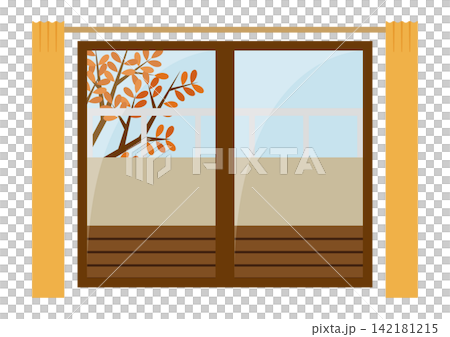 An illustration of an autumn window with orange curtains. An illustration of an autumn window with orange curtains. 142181215