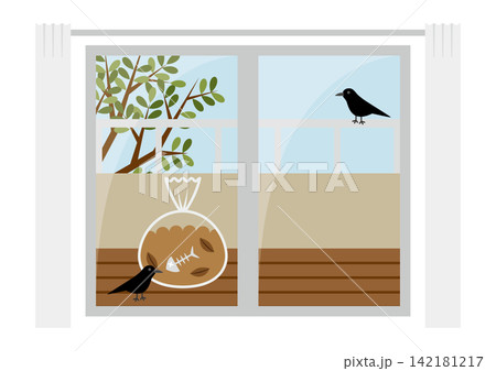 ベランダでゴミ袋をあさるカラスのイラスト 142181217