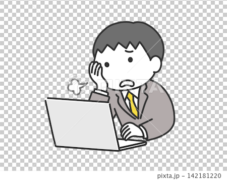 A man in a suit (with a round face) sighs in front of his computer. A man in a suit (with a round face) sighs in front of his computer. 142181220