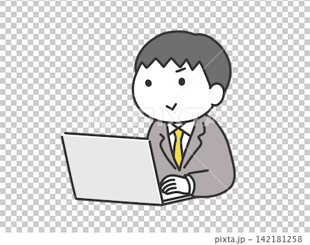 A man in a suit working on a computer (with a round face) 142181258