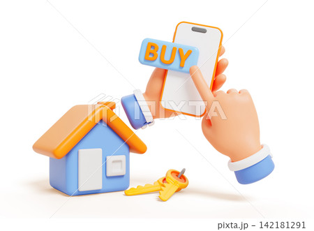 3D hand holding smartphone with buy button, house model and keys. Online real estate purchase, mortgage loan application, mobile payment, property investment concept isolated on white. 3D illustration 3D hand holding smartphone with buy button, house model and keys. Online real estate purchase, mortgage loan application, mobile payment, property investment concept isolated on white. 3D illustration 142181291
