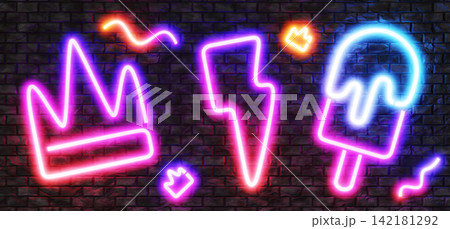 3D bright neon signs on dark brick wall. Led light crown, lightning bolt and ice cream with glowing gradient pink blue orange lines. Render decoration elements, cool party background. 3D illustration 3D bright neon signs on dark brick wall. Led light crown, lightning bolt and ice cream with glowing gradient pink blue orange lines. Render decoration elements, cool party background. 3D illustration 142181292