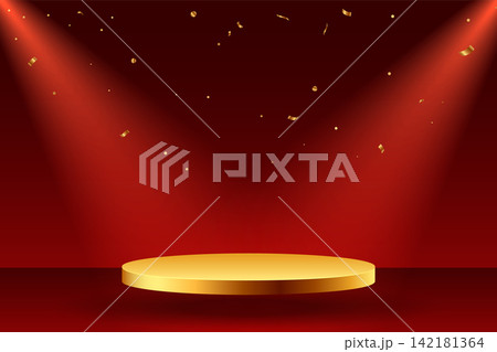 elegant 3d golden stage for object with confetti and light effect elegant 3d golden stage for object with confetti and light effect 142181364
