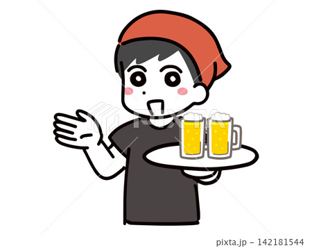 笑顔＆ビールを持って案内する居酒屋の若い男性店員 142181544