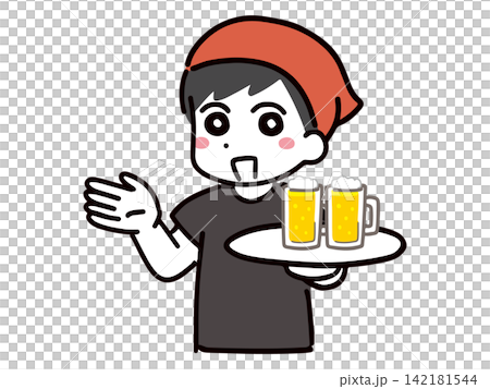一位年輕的男服務生在居酒屋（日本酒吧）面帶微笑，手持啤酒，引導顧客入內。 142181544
