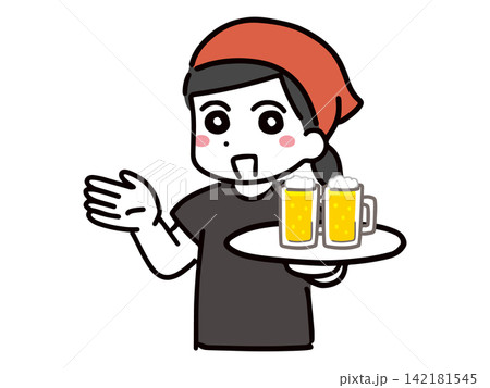 笑顔&ビールを持って案内する居酒屋の若い女性店員 笑顔&ビールを持って案内する居酒屋の若い女性店員 142181545