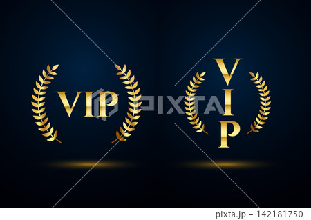 set of luxury golden vip emblems with laurel wreaths on dark background 142181750
