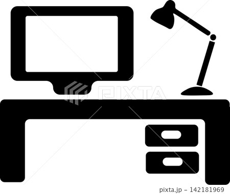 Black silhouette of a desk with a laptop, lamp and drawers 142181969
