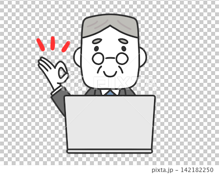 A senior male office worker makes an OK sign in front of his computer. A senior male office worker makes an OK sign in front of his computer. 142182250