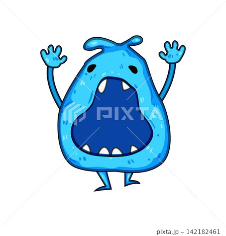 Blue cartoon monster character screaming with open mouth 142182461